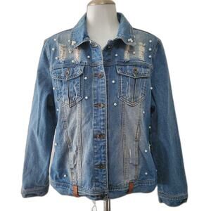 Live A Little Denim Jacket L Distressed Pearl Embellished Rivet Button